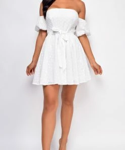 Emprada Nelly White Off Shoulder Eyelet Dress