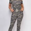 Emprada Rise And Lounge Green Off Shoulder Camo Jumpsuit Loungewear