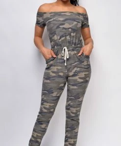 Emprada Rise And Lounge Green Off Shoulder Camo Jumpsuit Loungewear