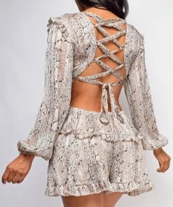 Emprada Jumpsuits & Rompers Vera Brown Snake Print Cut Out Romper