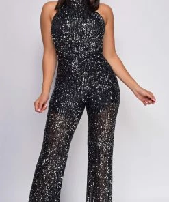 Emprada Kallan Black Mock Neck Sequin Jumpsuit Jumpsuits & Rompers