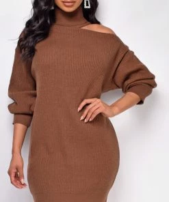 Emprada Dresses Tory Brown Cut Out Shoulder Sweater Dress