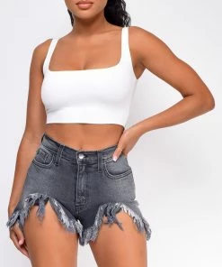 Emprada Layton Stone Grey Shredded High Rise Denim Shorts Bottoms