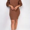 Emprada Dresses Tory Brown Cut Out Shoulder Sweater Dress