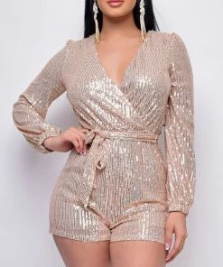 Emprada Jumpsuits & Rompers Tempo Rose Gold Sequin Long Sleeve Belted Romper