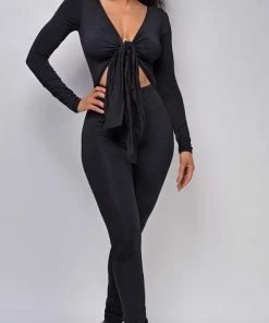 Emprada Meral Black Front Tie Jumpsuit Loungewear