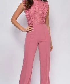 Emprada Vanna Pink Crochet Flared Leg Jumpsuit