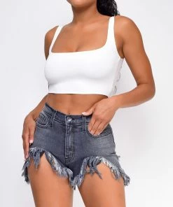 Emprada Layton Stone Grey Shredded High Rise Denim Shorts Bottoms
