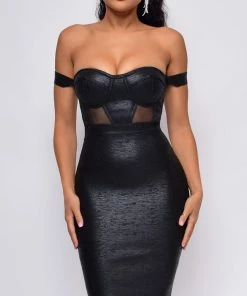 Emprada You Could Never Black Metallic Off Shoulder Bandage Dress Dresses