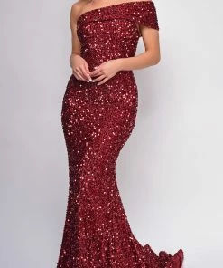 Emprada Dresses Elena Red One Shoulder Sequin Gown