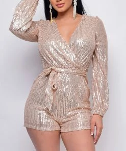 Emprada Jumpsuits & Rompers Tempo Rose Gold Sequin Long Sleeve Belted Romper