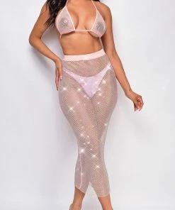 Emprada Swim Primavera Pink Rhinestone Bikini Top & Skirt Coverup Set