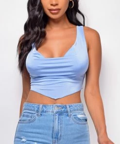 Emprada Tops Ariella Blue Cowl Neck Crop Top