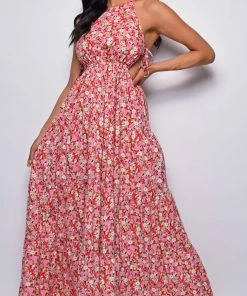 Emprada Ramani Red Pink Floral Print Maxi Dress