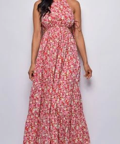 Emprada Ramani Red Pink Floral Print Maxi Dress