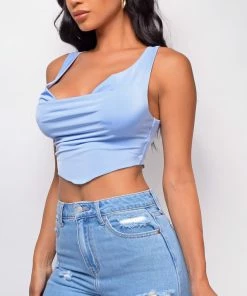 Emprada Tops Ariella Blue Cowl Neck Crop Top