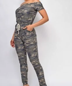 Emprada Rise And Lounge Green Off Shoulder Camo Jumpsuit Loungewear