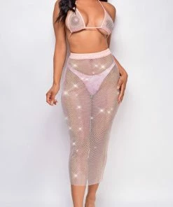 Emprada Swim Primavera Pink Rhinestone Bikini Top & Skirt Coverup Set