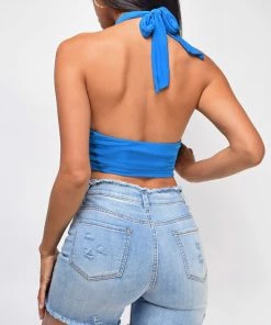 Emprada Tops Ivana Blue Wrap Halter Neck Crop Top