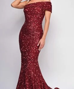 Emprada Dresses Elena Red One Shoulder Sequin Gown