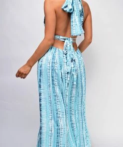 Emprada Up All Night Blue Tie Dye Double Slit Maxi Dress Dresses