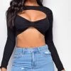 Emprada Ashlyn Black Cut Out Long Sleeve Crop Top Tops