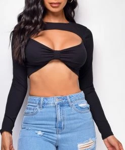Emprada Ashlyn Black Cut Out Long Sleeve Crop Top Tops