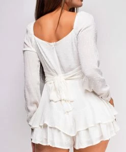 Emprada Carmela White Dot Long Sleeve Romper Jumpsuits & Rompers