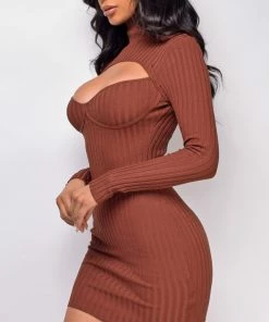 Emprada Dresses Meriah Brown Cut Out Sweater Dress