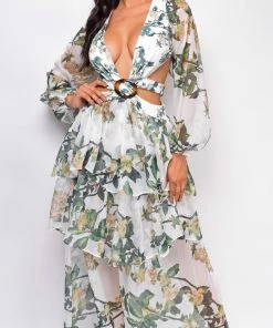 Emprada Elle White Green Floral Maxi Dress