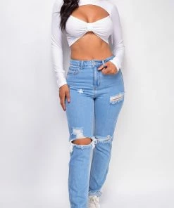 Emprada Tops Ashlyn White Cut Out Long Sleeve Crop Top