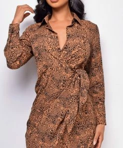 Emprada Paola Brown Front Tie Animal Print Dress