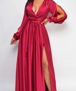 Emprada Cascade Burgundy Red Satin Gown 6 Emprada Cascade Burgundy Red Satin Gown