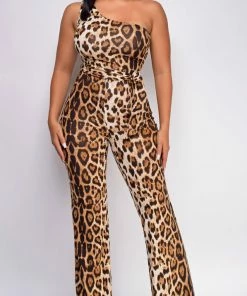 Emprada Aspen Brown Leopard Print One Shoulder Jumpsuit