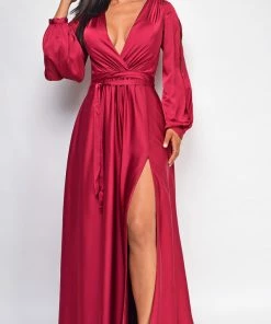 Emprada Cascade Burgundy Red Satin Gown