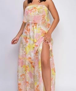 Emprada Kelly Yellow Multi Floral Print Tube Sleeveless Side Slit Dress Dresses