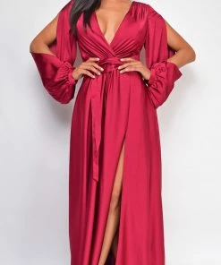 Emprada Cascade Burgundy Red Satin Gown