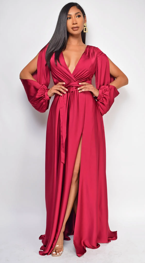Emprada Cascade Burgundy Red Satin Gown 2 Emprada Cascade Burgundy Red Satin Gown