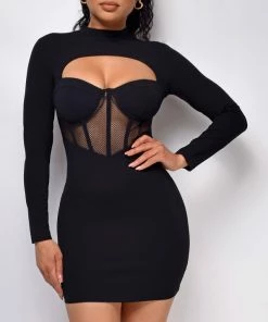 Emprada Joani Black Bustier Mesh Cut Out Dress