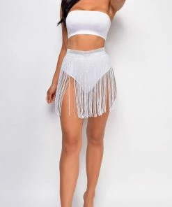 Emprada Paradise White Jewel Fringe Cover Up Skirt Swim