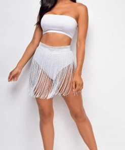 Emprada Paradise White Jewel Fringe Cover Up Skirt Swim