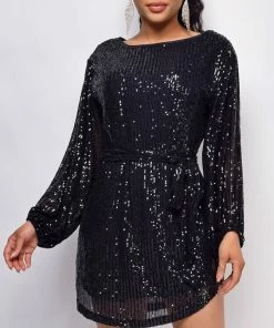 Emprada Tara Black Belted Sequin Dress Dresses