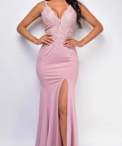 Emprada Jaylah Pink Lace Slit Gown