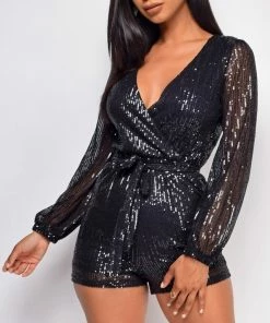 Emprada Tempo Black Sequin Long Sleeve Belted Romper