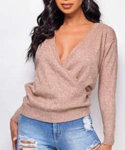 Emprada Millie Beige Surplice V Neck Sweater Top Tops