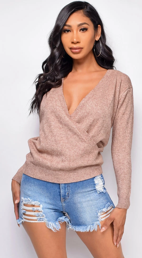 Emprada Millie Beige Surplice V Neck Sweater Top Tops 2 Emprada Millie Beige Surplice V Neck Sweater Top Tops