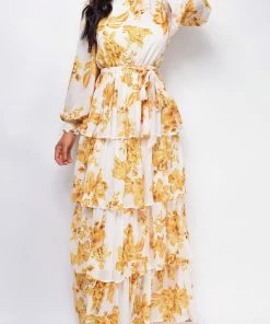 Emprada Dresses Amila White Yellow Floral Maxi Dress