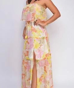 Emprada Kelly Yellow Multi Floral Print Tube Sleeveless Side Slit Dress Dresses