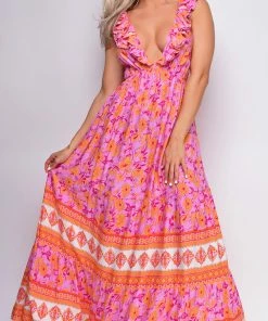 Emprada Dresses Greta Pink Multi Color Floral Print Maxi Dress