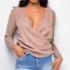 Emprada Millie Beige Surplice V Neck Sweater Top Tops